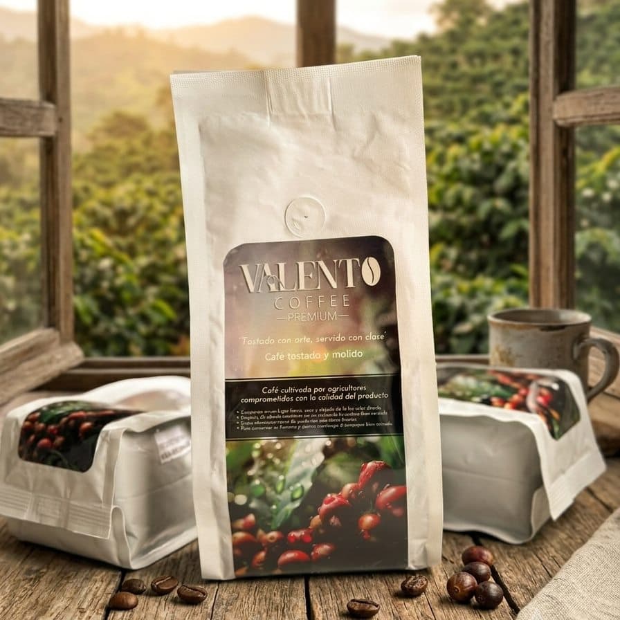Bolsa blanca de café ValenTo Coffee Premium molido frente a una ventana con vista al cafetal