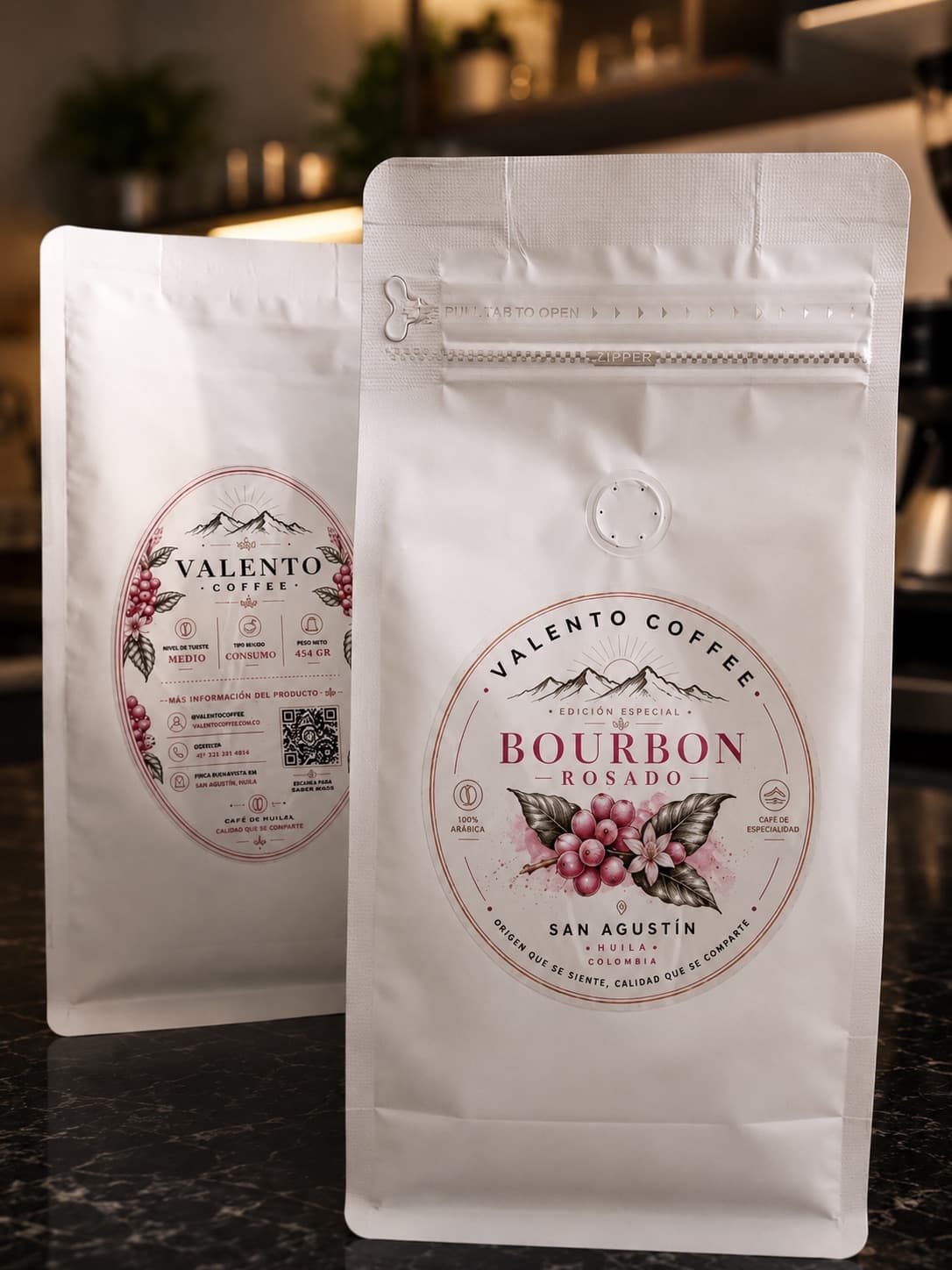Bolsa de café ValenTo Coffee Bourbon Rosado, segunda vista del empaque edición especial