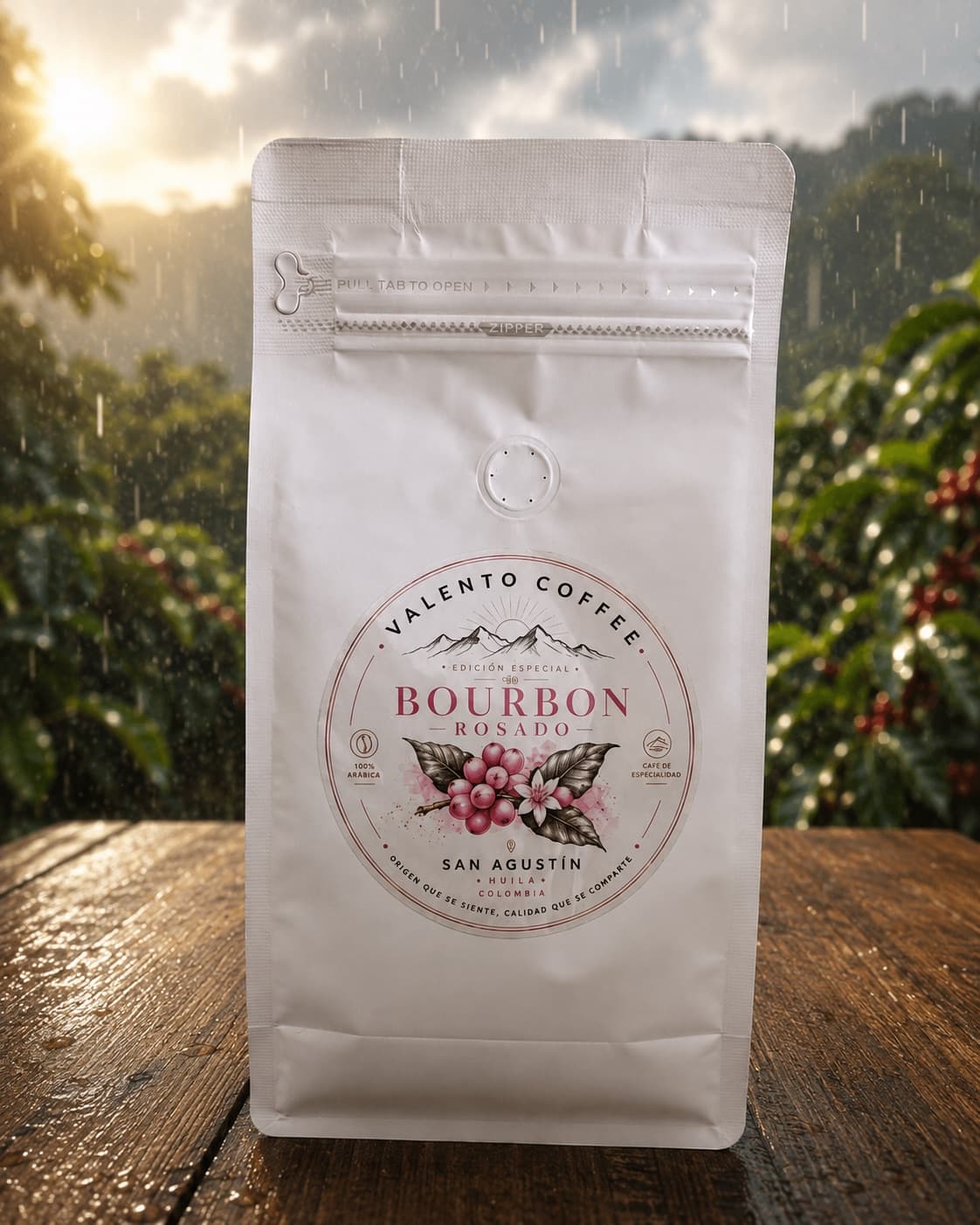 Bolsa blanca de café ValenTo Coffee Bourbon Rosado, edición especial de San Agustín, Huila