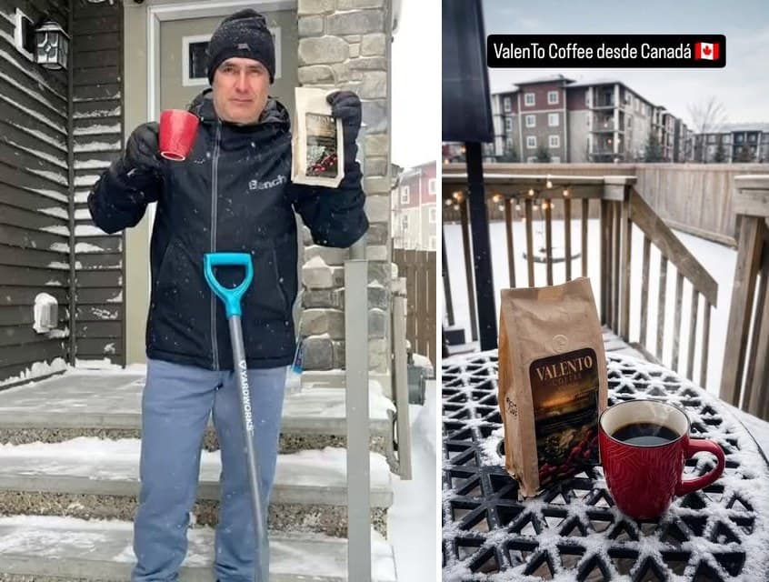 Cliente en Canadá sosteniendo un mug de café ValenTo en la nieve, junto a la bolsa de café sobre una mesa nevada