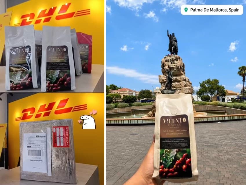 Bolsa de café ValenTo enviada a España, sostenida frente a un monumento en Palma de Mallorca, junto al empaque despachado por DHL