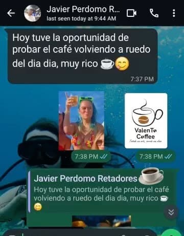 Captura de WhatsApp de Javier Perdomo probando de nuevo el café del día a día