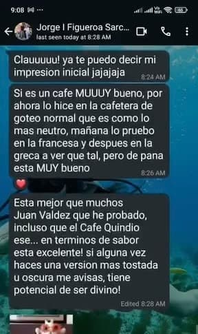 Captura de WhatsApp de Jorge Figueroa comparando el café ValenTo con otras marcas conocidas