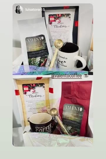 Historia de Instagram de Luisa Tovar mostrando un kit de regalo navideño con café ValenTo