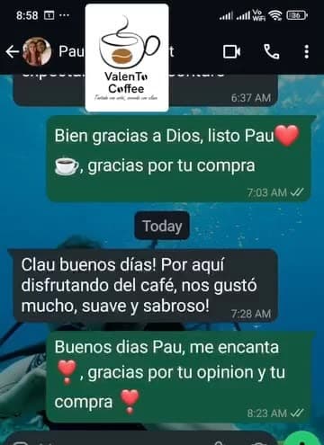Captura de WhatsApp de Paula diciendo que el café le pareció suave y sabroso