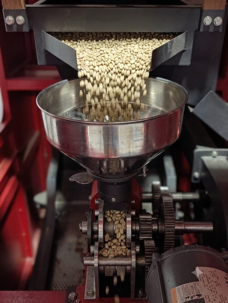 Granos de café verde cayendo por la trilladora durante el proceso de trilla en Neiva
