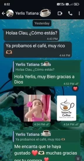 Captura de WhatsApp de Yerlis Tatiana diciendo que el café está muy rico